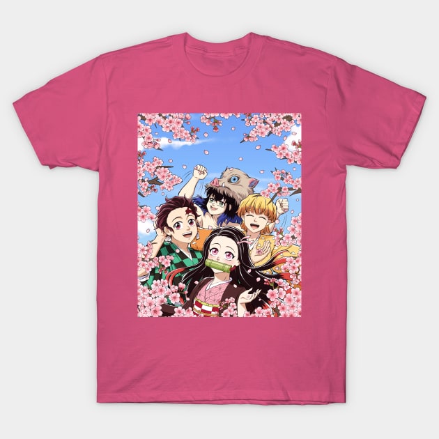 Nezuko, Tanjiro, Zenitsu and Inosuke under cherry blossom trees T-Shirt by LuciaLemos